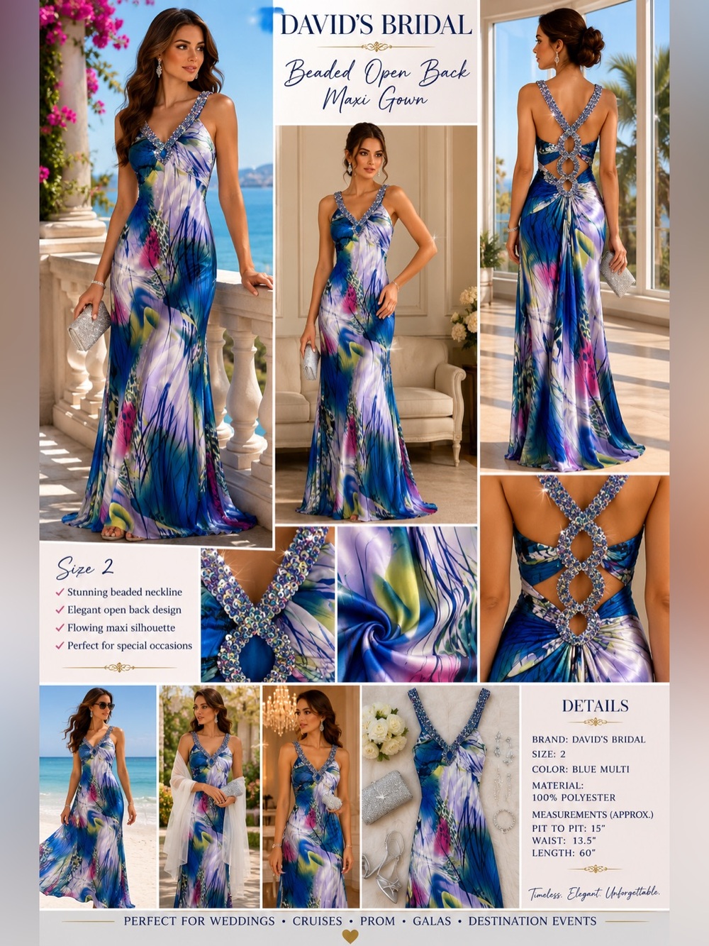 David’s Bridal Beaded Open Back Tropical Print Formal Maxi Gown Size 2